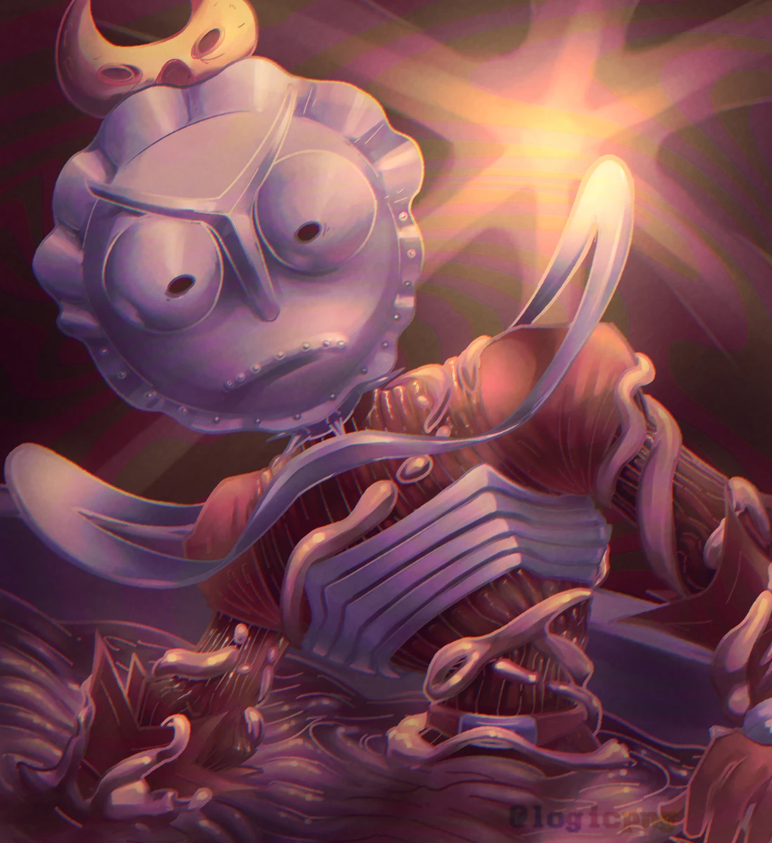 Digital fanart of Gibby Redivivus from Hylics 2, halfway submerged in a pool of pale flesh-colored opaque liquid, which appears to be climbing up his body.